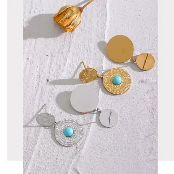 Turquoise Sunburst Drop Earrings – Stainless Steel, PVD Real Gold Plated - Picture 3 of 6